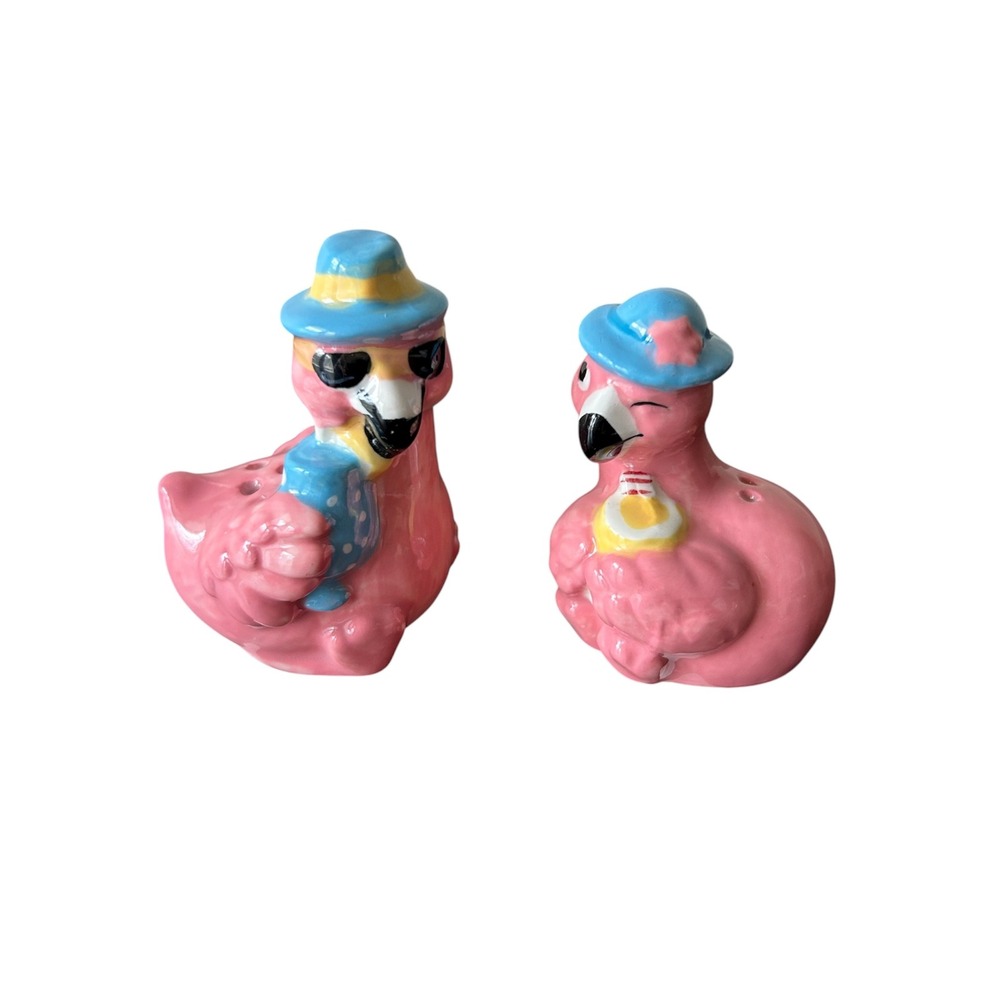 Set of 2 Ceramic Pink Blue Flamingos Salt & Pepper Shakers Coastal Beach House